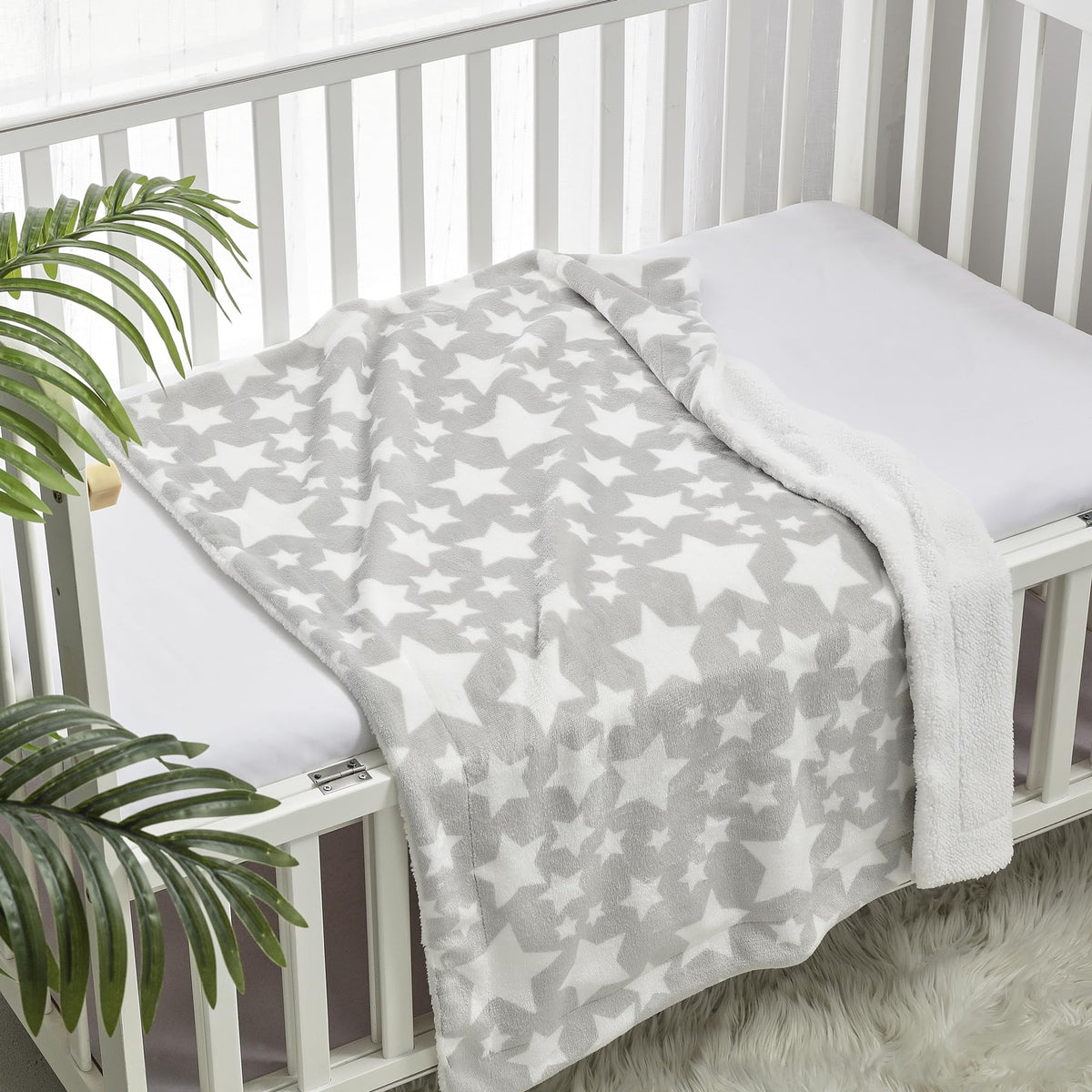 CREVENT Cozy Soft Sherpa Baby Blanket Star Grey 2 Layer 30" x 40" NEW