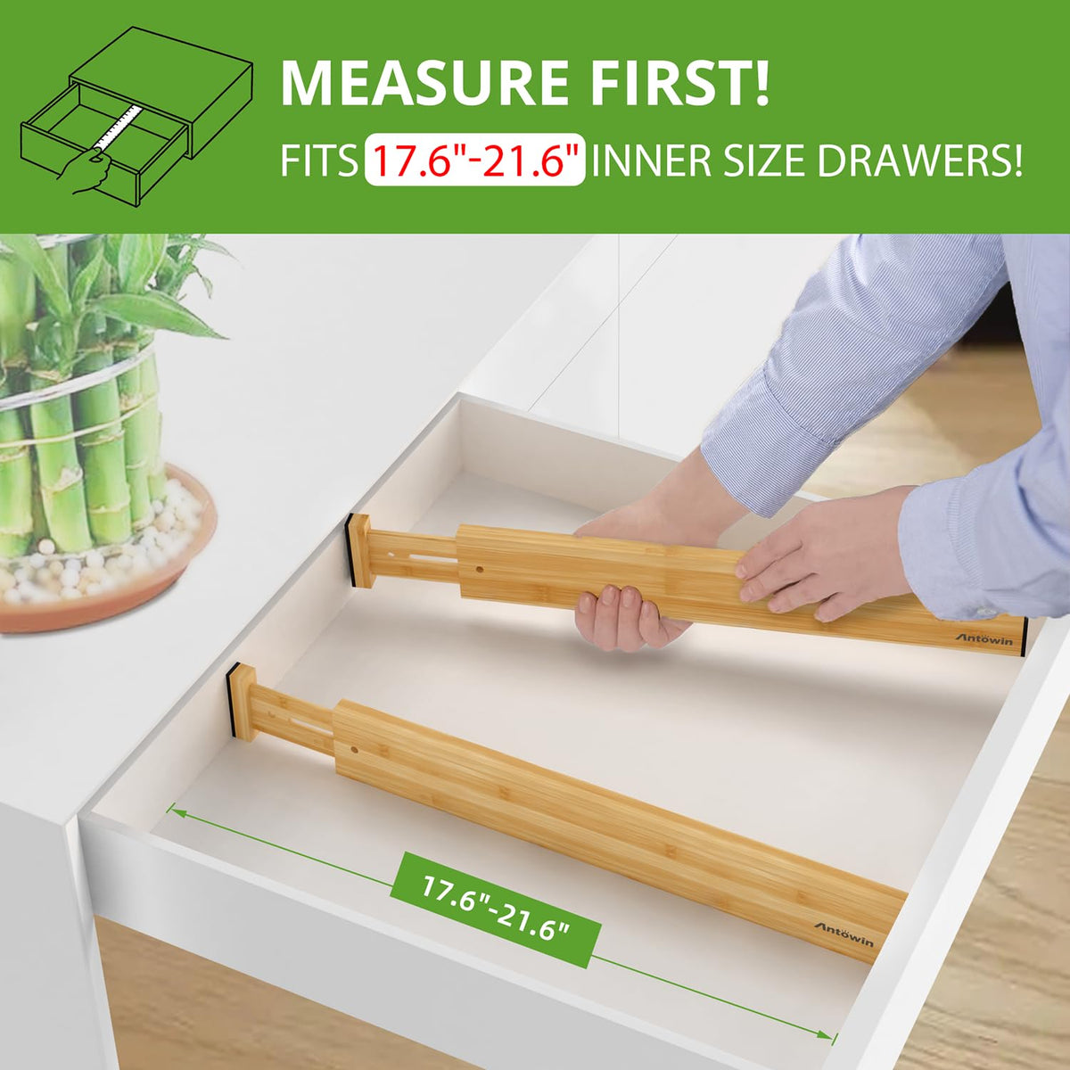 ANTOWIN Bamboo Expandable Drawer Dividers for Kitchen Storage Natural NEW