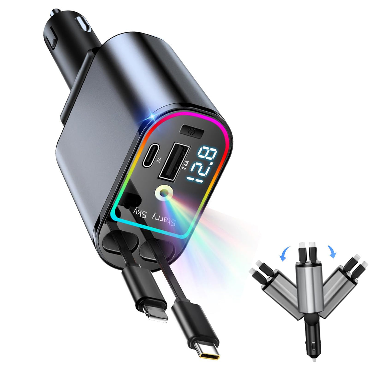 SinRuiSmart 120W Automobile Chargers Retractable 4 in 1 Car Charger Dark DEMO