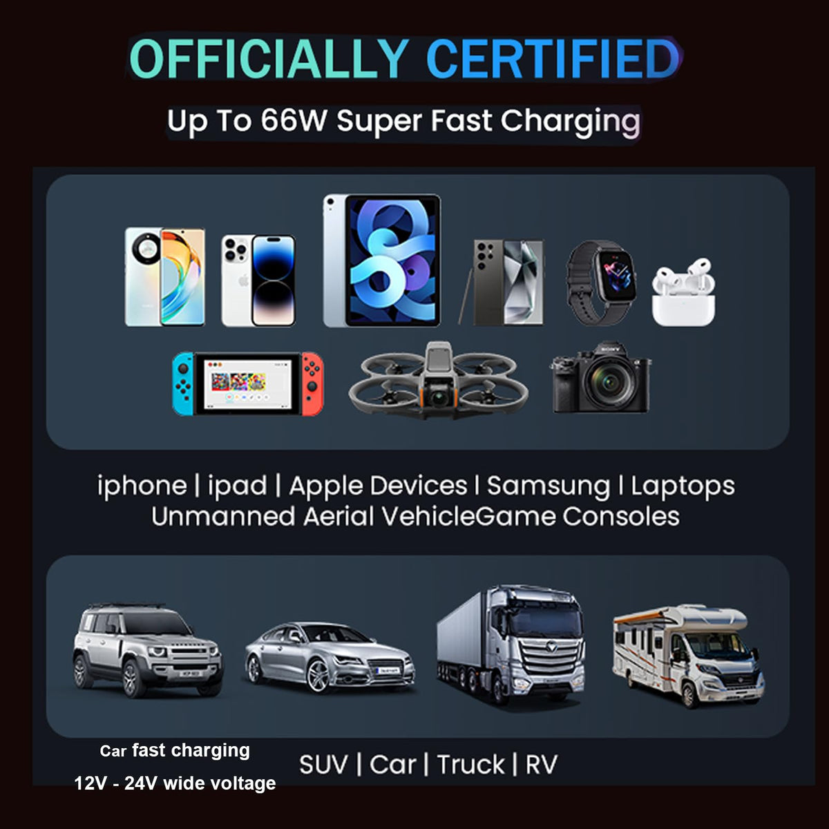 SinRuiSmart 120W Automobile Chargers Retractable 4 in 1 Car Charger Dark DEMO
