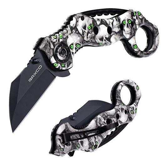 RAXCO Black White Skull Decal Folding Knife for Pocket Camping Daily Use NEW
