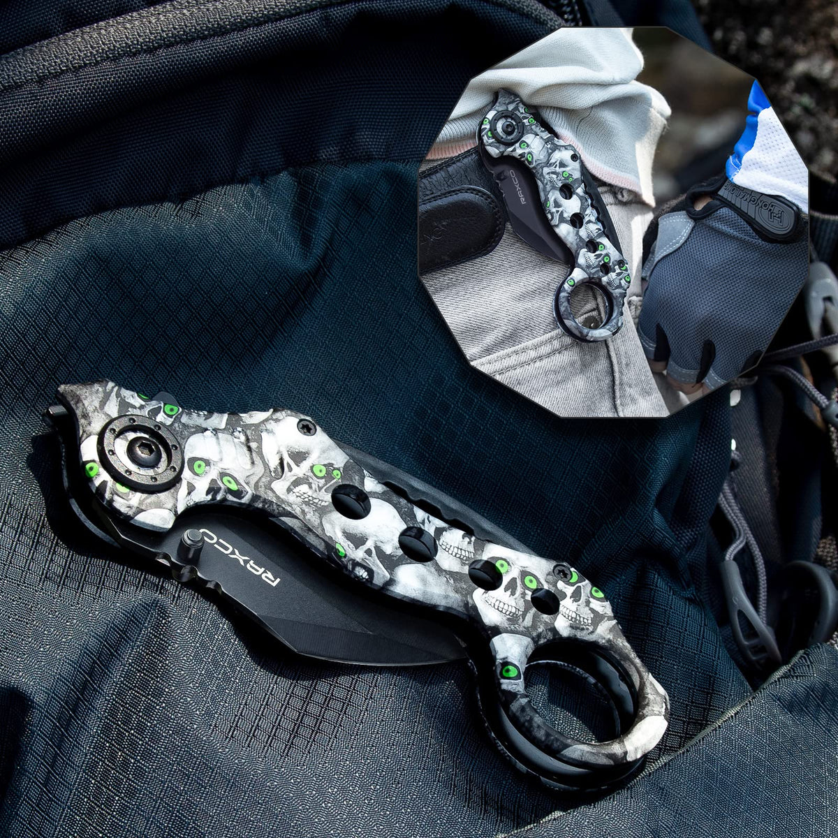 RAXCO Black White Skull Decal Folding Knife for Pocket Camping Daily Use NEW