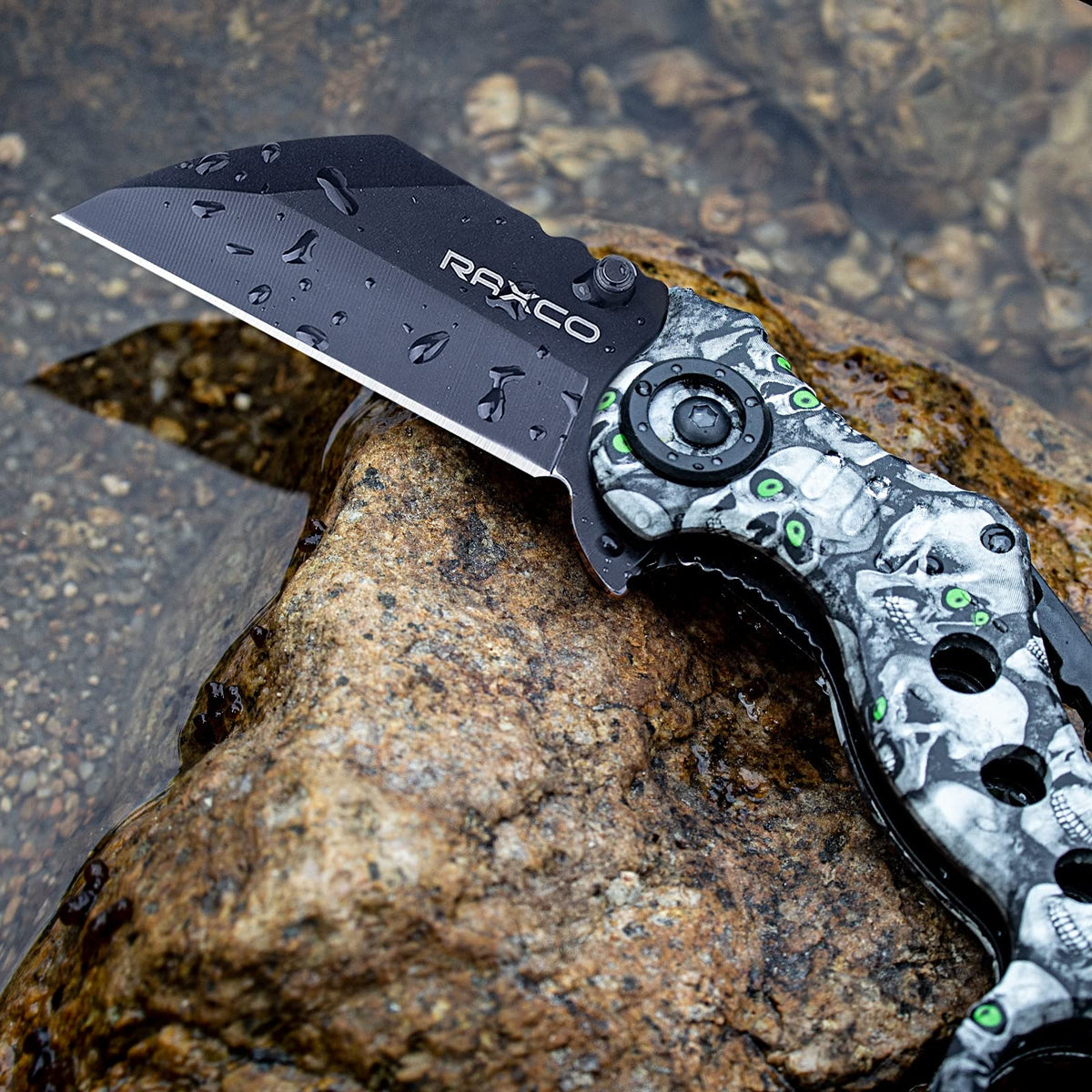 RAXCO Black White Skull Decal Folding Knife for Pocket Camping Daily Use NEW