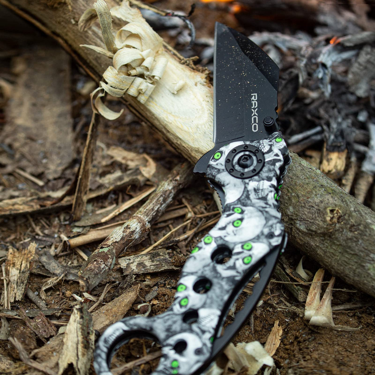 RAXCO Black White Skull Decal Folding Knife for Pocket Camping Daily Use NEW