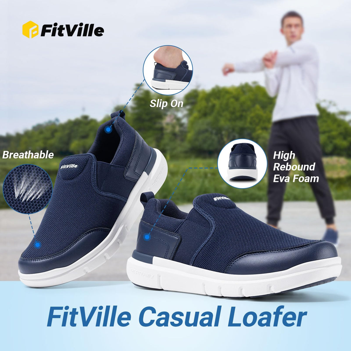 FitVille Slip On Loafer Flats Casual Comfortable Navy Blue EXTRA WIDE US 8.5 NEW