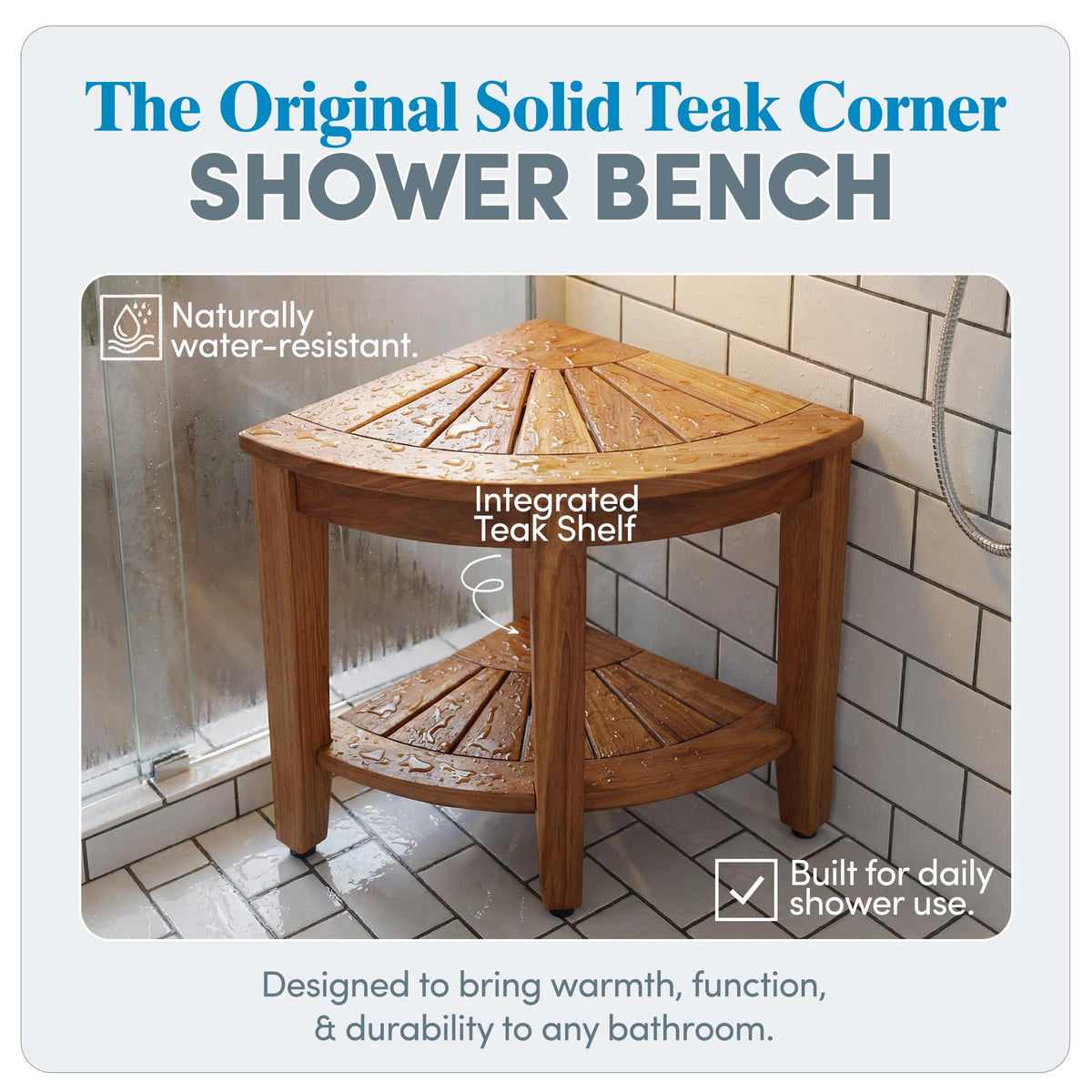 AquaTeak The Original 40cm Kai Corner Solid Teak Shower Bench with Shelf NEW