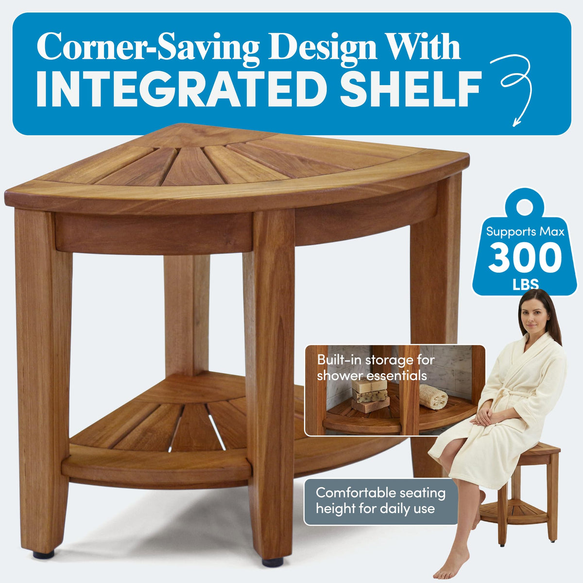 AquaTeak The Original 40cm Kai Corner Solid Teak Shower Bench with Shelf NEW