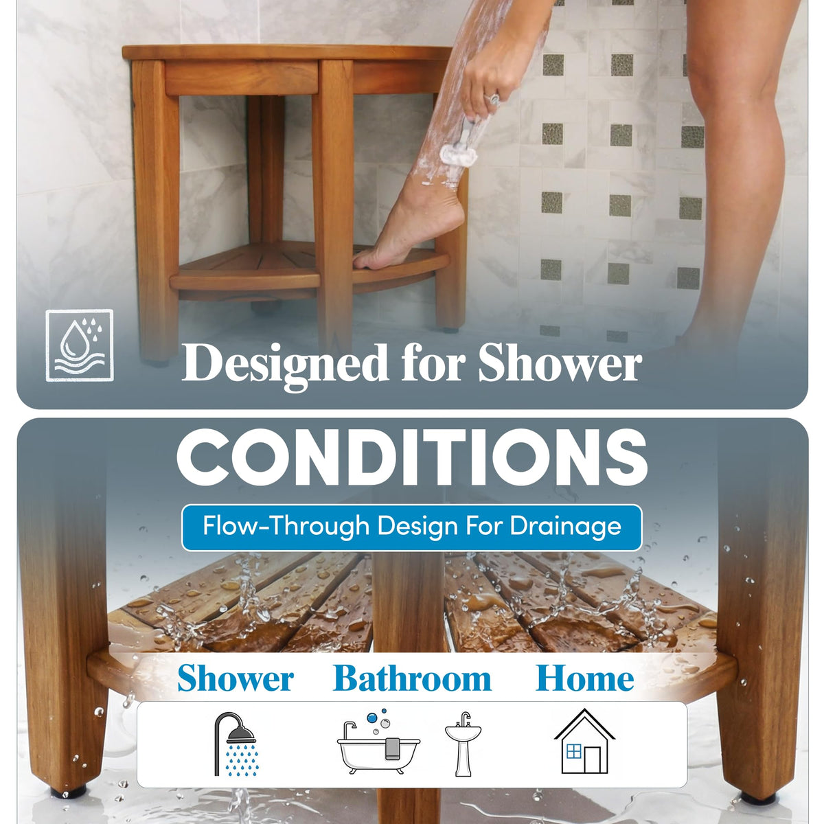 AquaTeak The Original Kai Corner Solid Teak 40cm Shower Bench with Shelf NEW