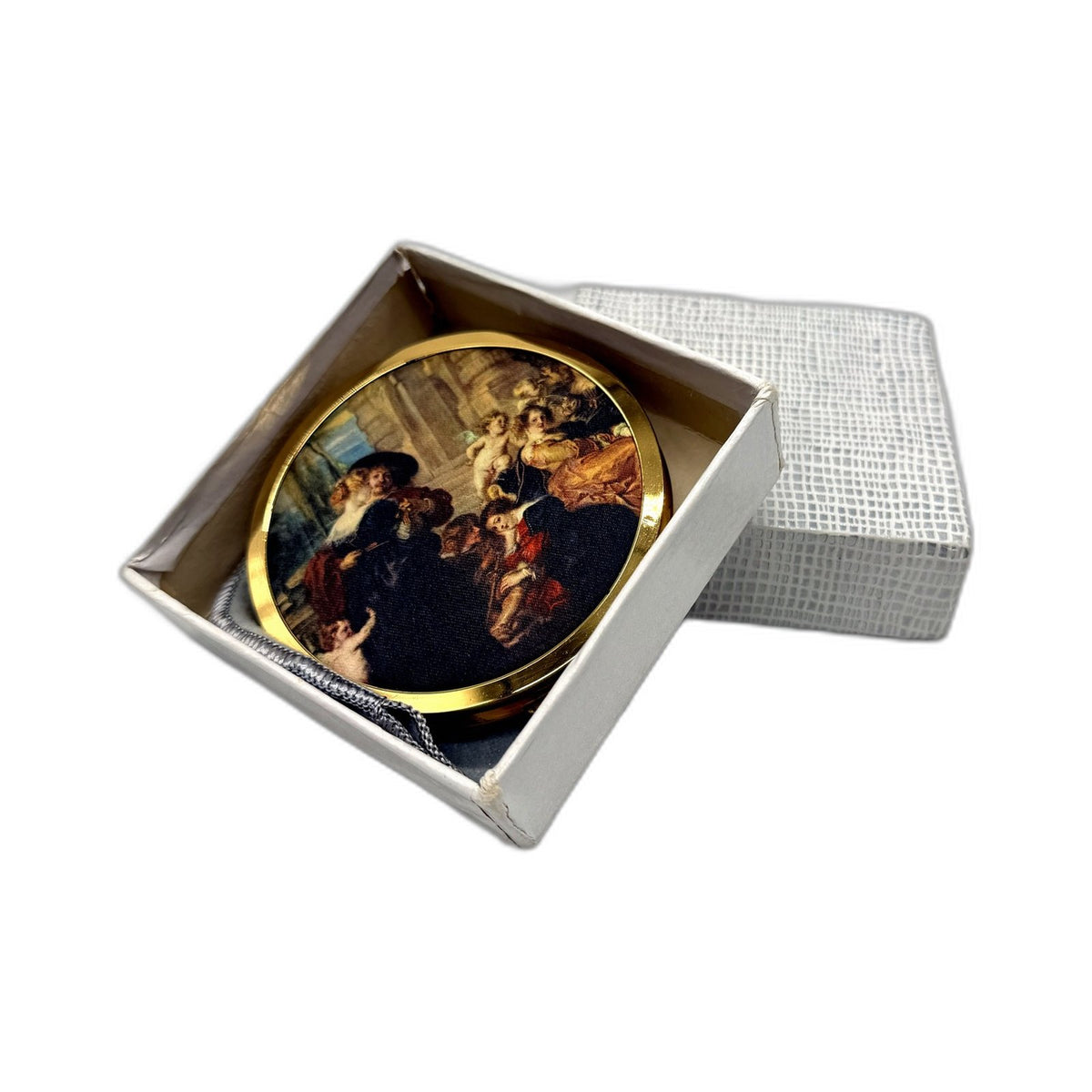 VINTAGE Mascot Compact Mirror Gold Tone Powder Case Italian Silk Print Decal