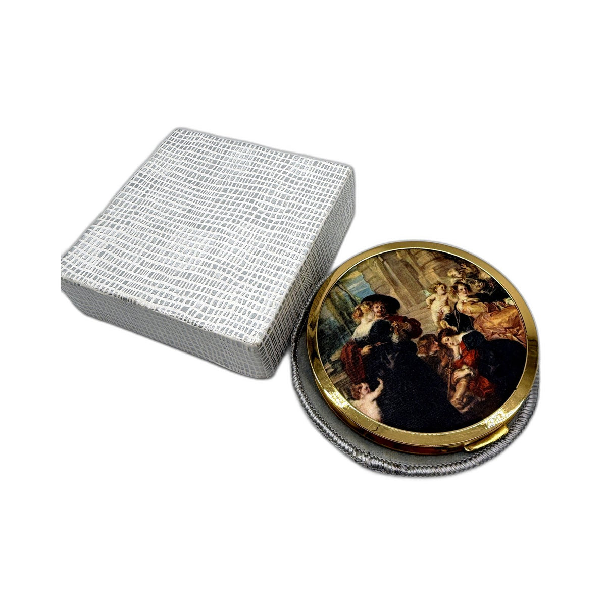 VINTAGE Mascot Compact Mirror Gold Tone Powder Case Italian Silk Print Decal