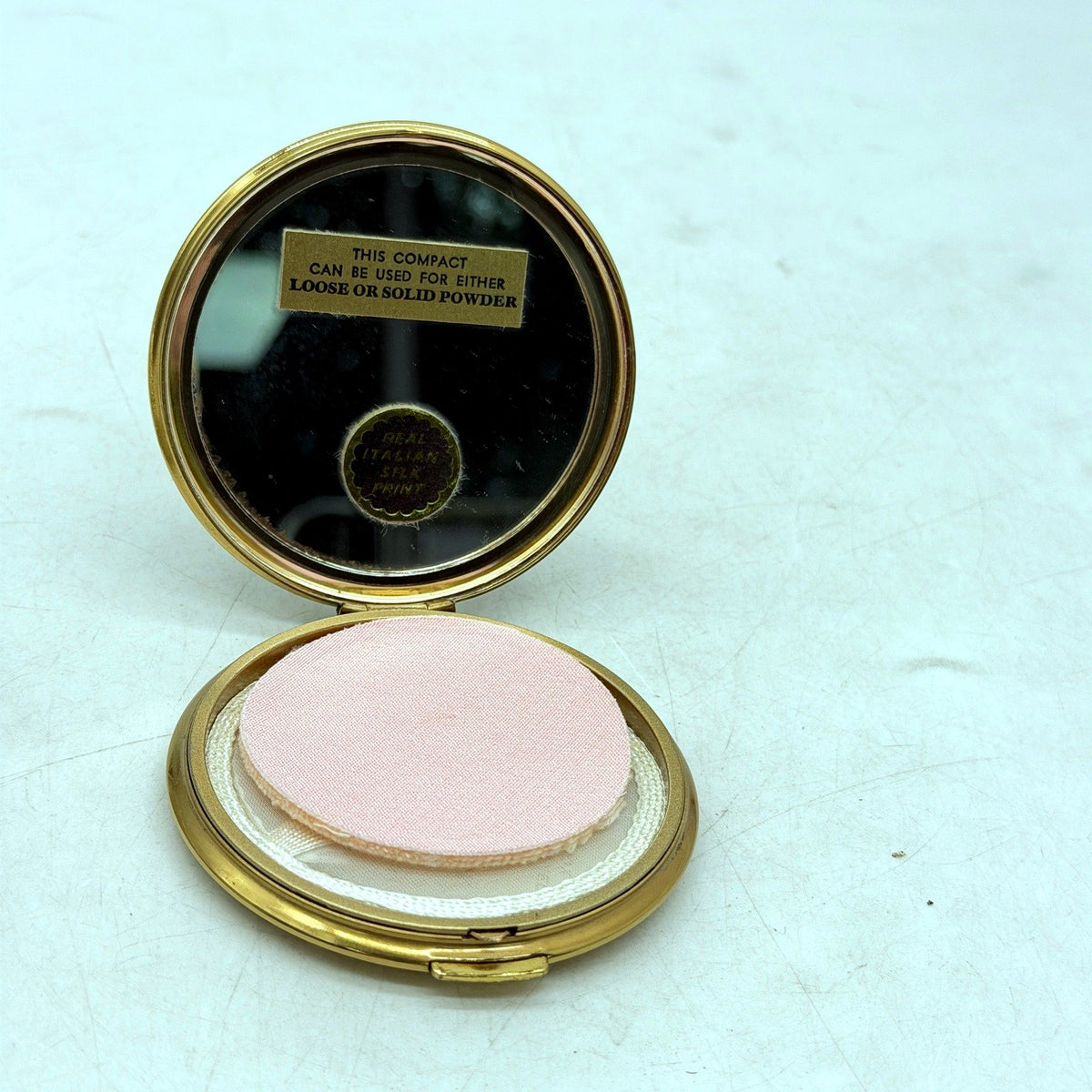 VINTAGE Mascot Compact Mirror Gold Tone Powder Case Italian Silk Print Decal