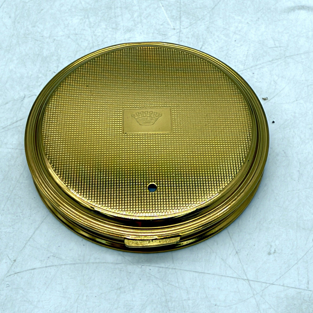 VINTAGE Mascot Compact Mirror Gold Tone Powder Case Italian Silk Print Decal