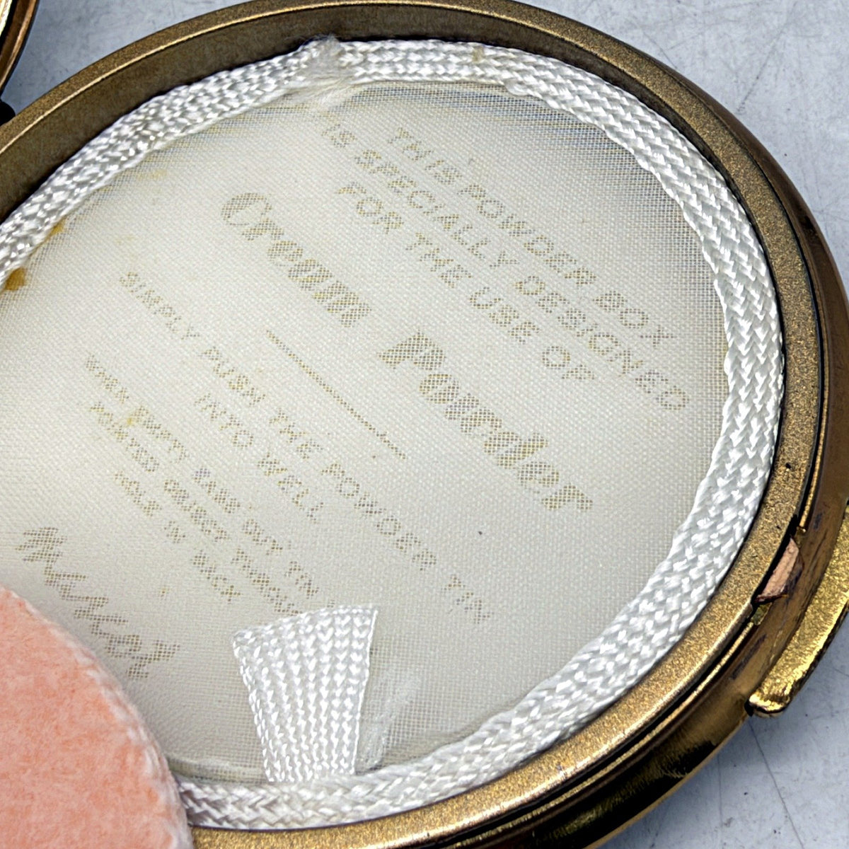 VINTAGE Mascot Compact Mirror Gold Tone Powder Case Italian Silk Print Decal