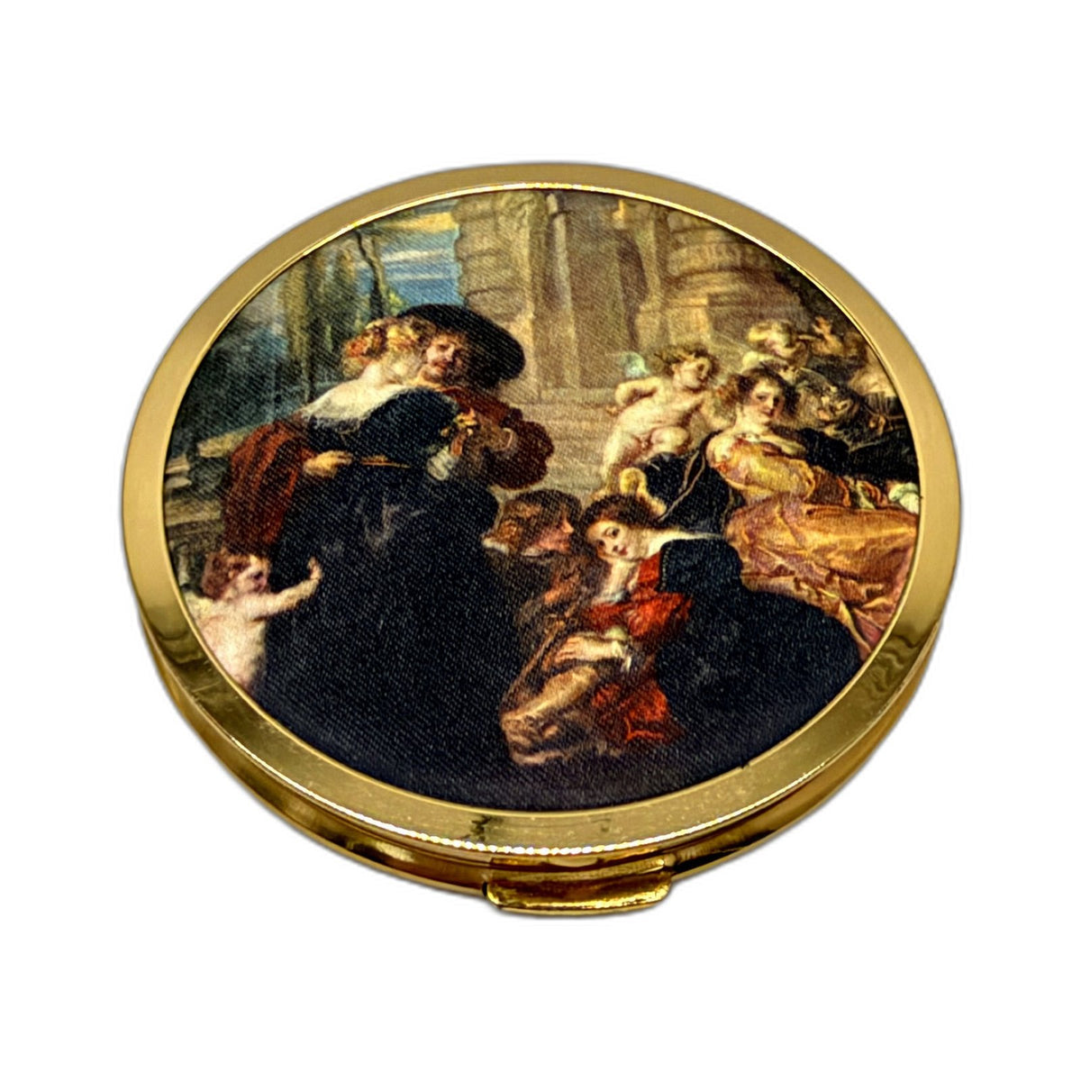 VINTAGE Mascot Compact Mirror Gold Tone Powder Case Italian Silk Print Decal