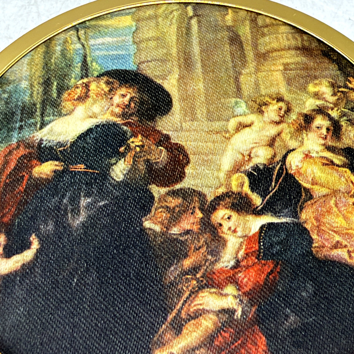 VINTAGE Mascot Compact Mirror Gold Tone Powder Case Italian Silk Print Decal