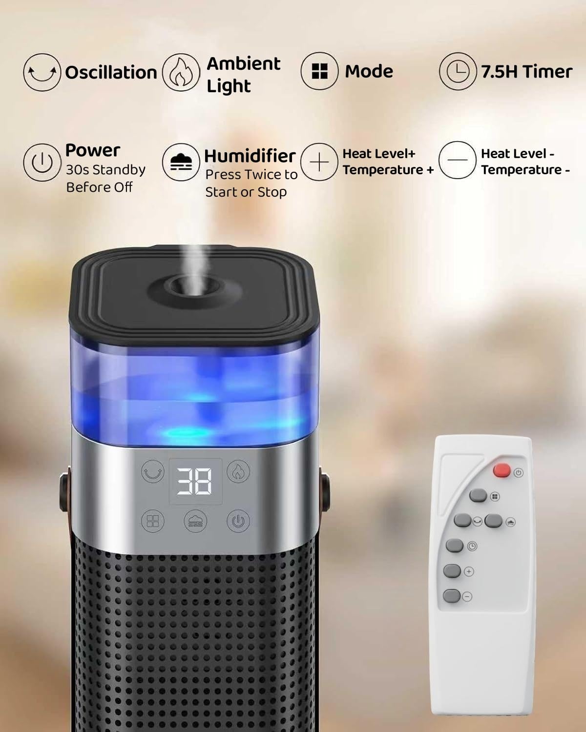 YOUYICI Portable Heating Space Heater 3 in 1 with Humidifier Black NEW