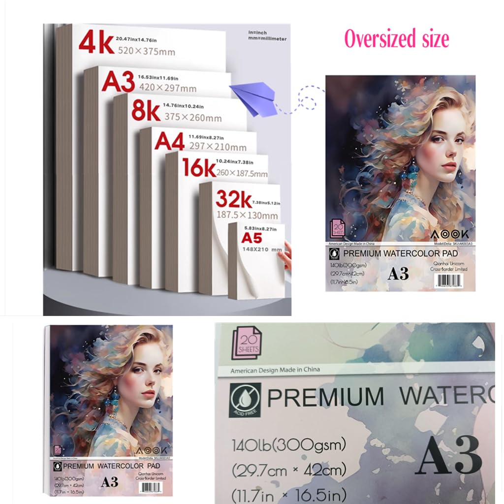 AOOK Watercolor A3 Paper Pad 140lb Mixed Media Art 20 Sheets 2 Pack NEW