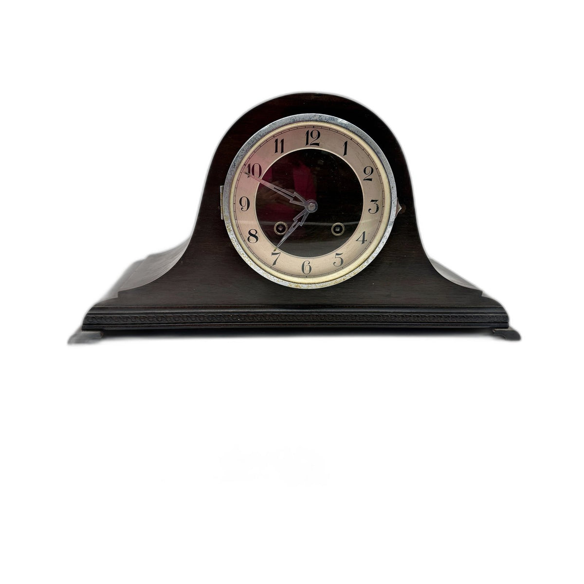 Antique Dark Brown Wood Mantel Clock Arched Dome Mechanical 