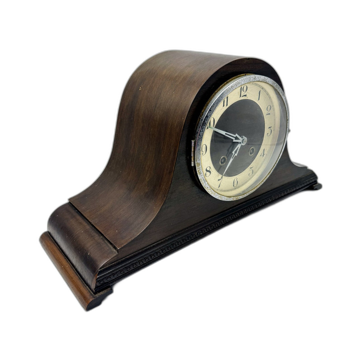Antique Dark Brown Wood Mantel Clock Arched Dome Mechanical
