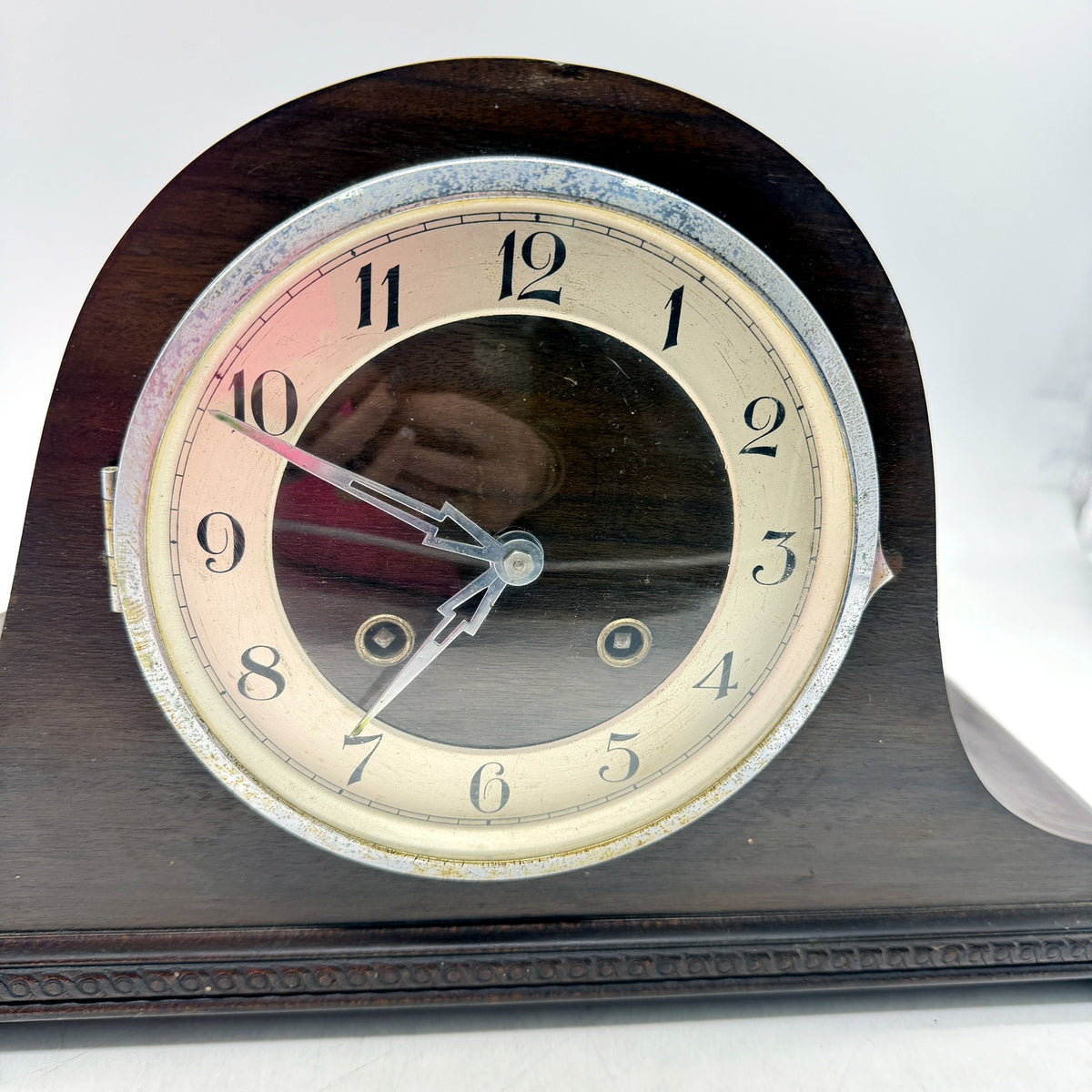 Antique Dark Brown Wood Mantel Clock Arched Dome Mechanical