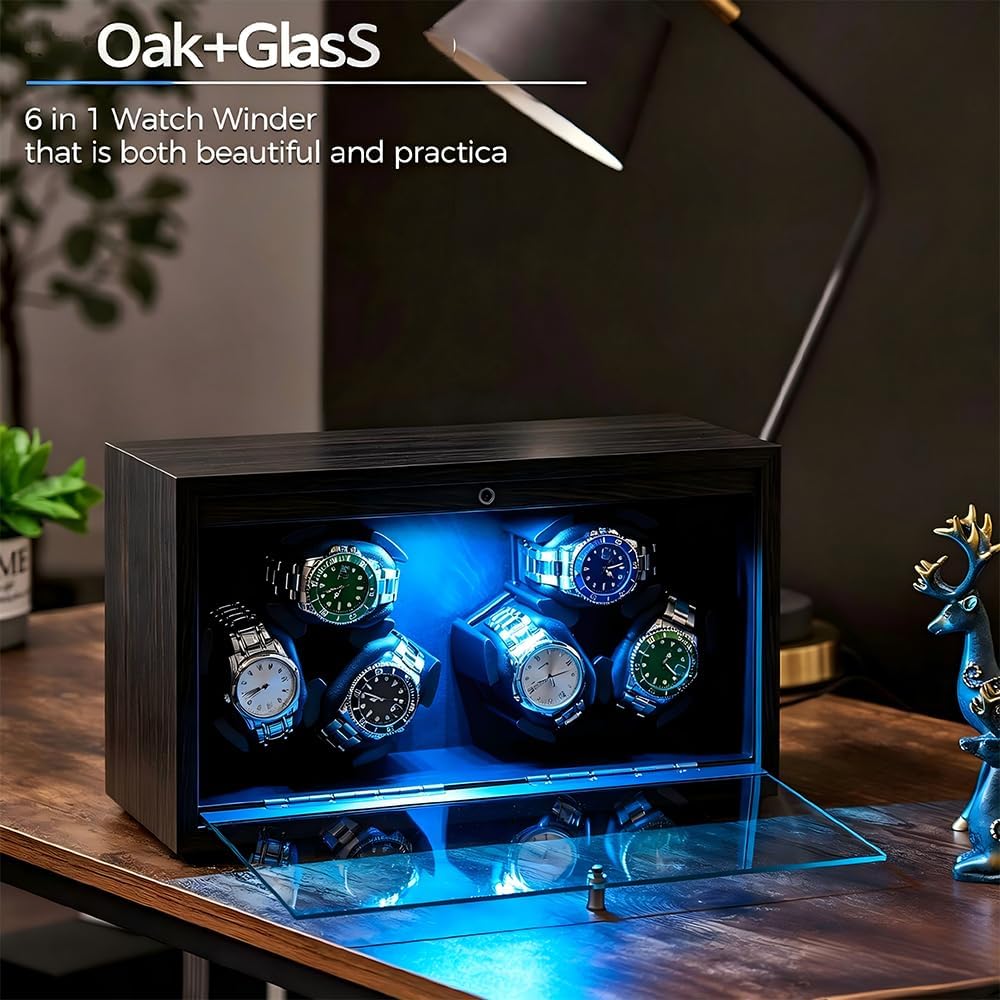 QYINXIU Automatic Watch Winder Box for 6 Watches Charcoal Black Storage NEW