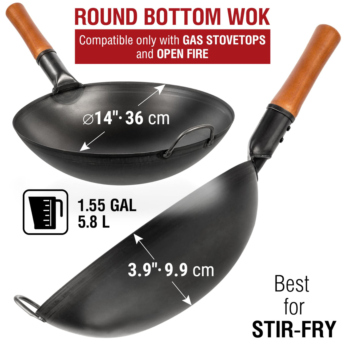 YOSUKATA Carbon Woks Steel Wok Round Bottom Pre-Seasoned Black 14 Inch 36cm DEMO