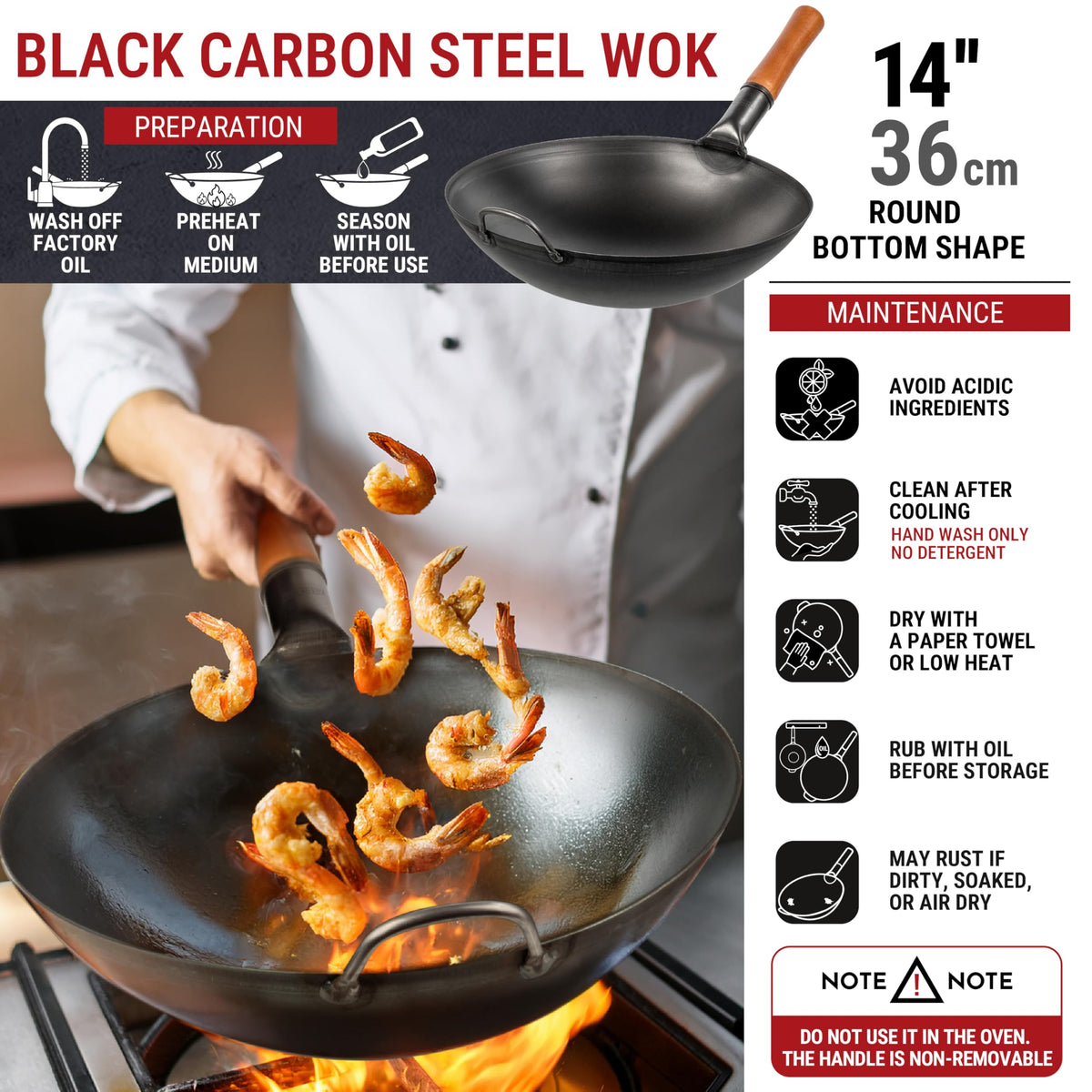 YOSUKATA Carbon Woks Steel Wok Round Bottom Pre-Seasoned Black 14 Inch 36cm DEMO