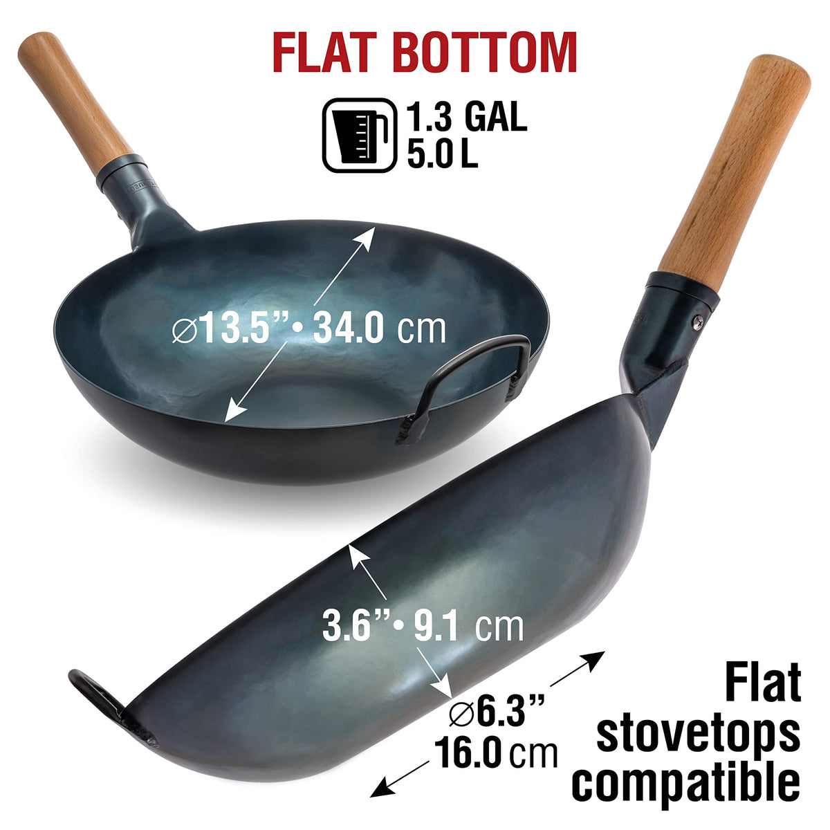 YOSUKATA Blue Woks Carbon Steel Wok Pan Pre-Seasoned Flat Bottom 34cm 13.5" DEMO