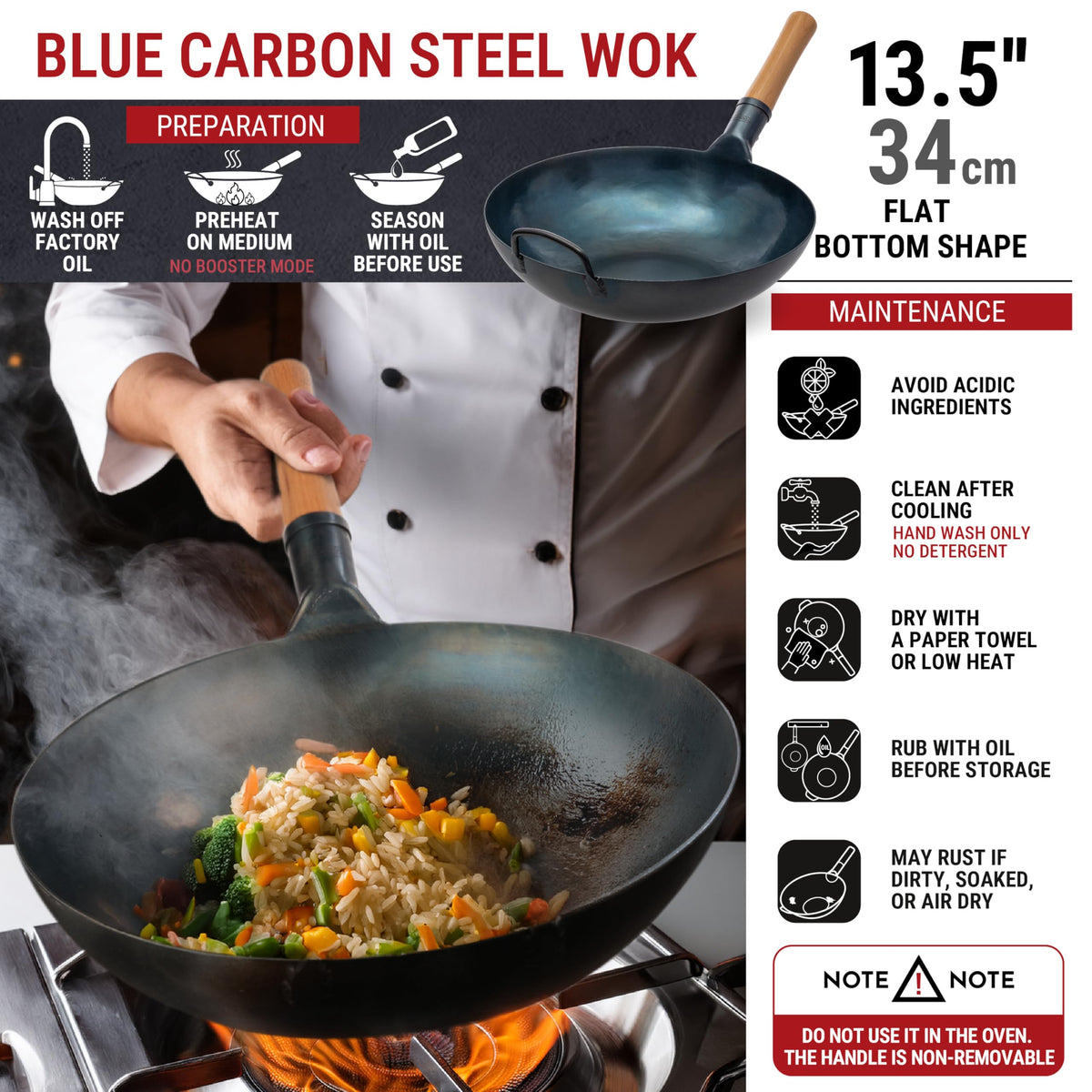 YOSUKATA Blue Woks Carbon Steel Wok Pan Pre-Seasoned Flat Bottom 34cm 13.5" DEMO