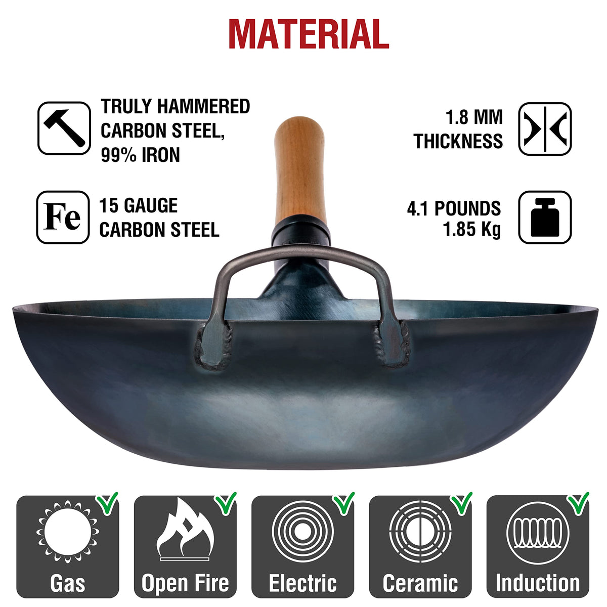 YOSUKATA Blue Woks Carbon Steel Wok Pan Pre-Seasoned Flat Bottom 34cm 13.5" DEMO