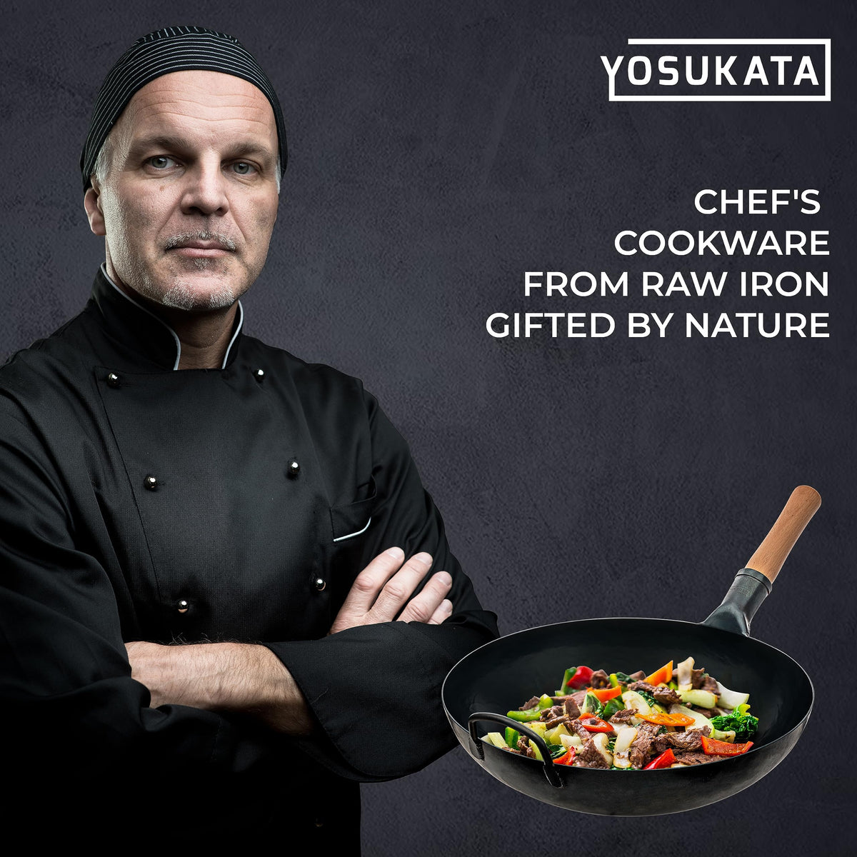 YOSUKATA Blue Woks Carbon Steel Wok Pan Pre-Seasoned Flat Bottom 34cm 13.5" DEMO