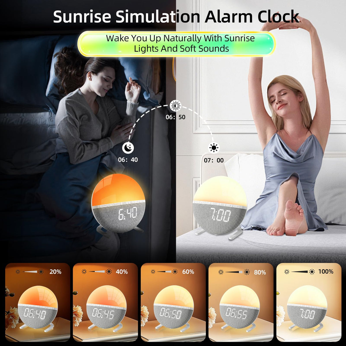 LeCoirrax Grey Sunrise Alarm Clock with Wake Up Light Simulation DEMO