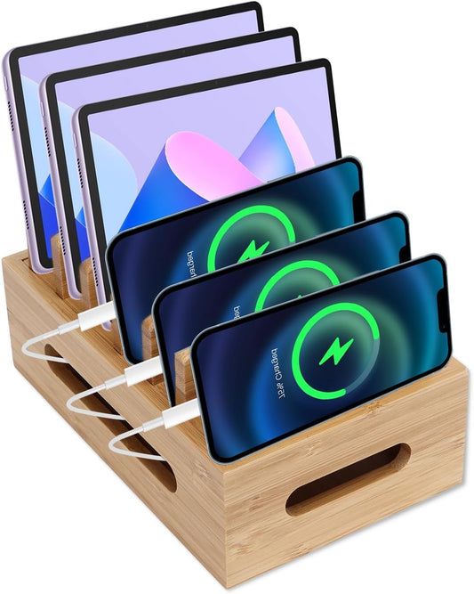 Cozioz Brown Bamboo Induction Charging Station Desk Organizer NEW