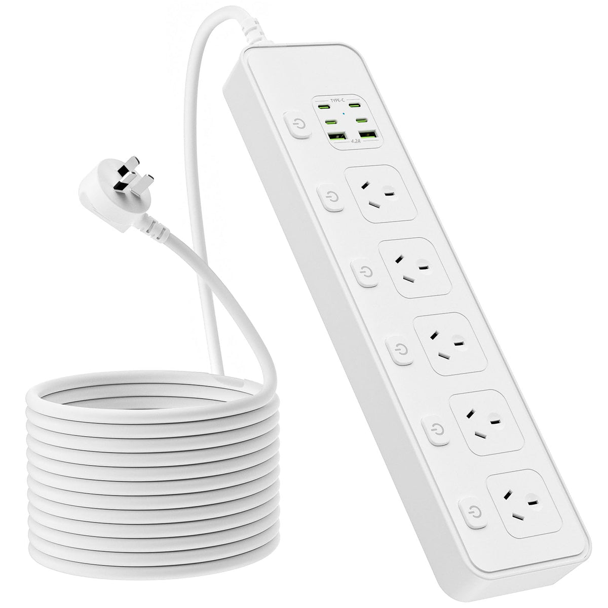 WFeyahiner 11-in-1 Power Strip with 5 AC Outlets Surge Protection White NEW