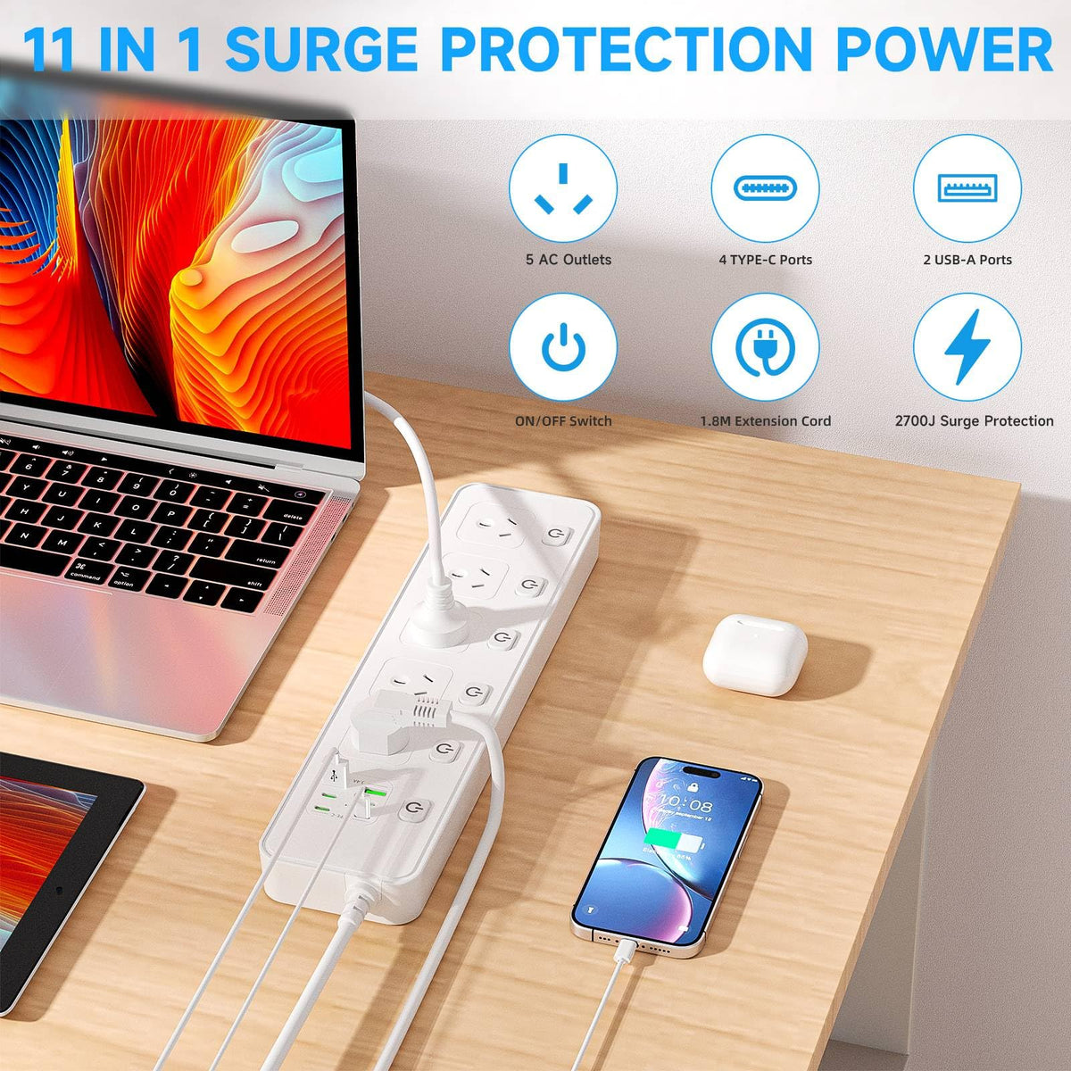 WFeyahiner 11-in-1 Power Strip with 5 AC Outlets Surge Protection White NEW