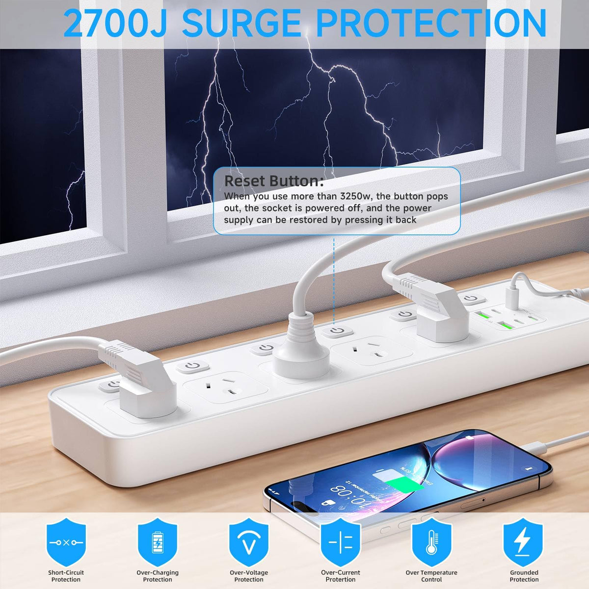 WFeyahiner 11-in-1 Power Strip with 5 AC Outlets Surge Protection White NEW