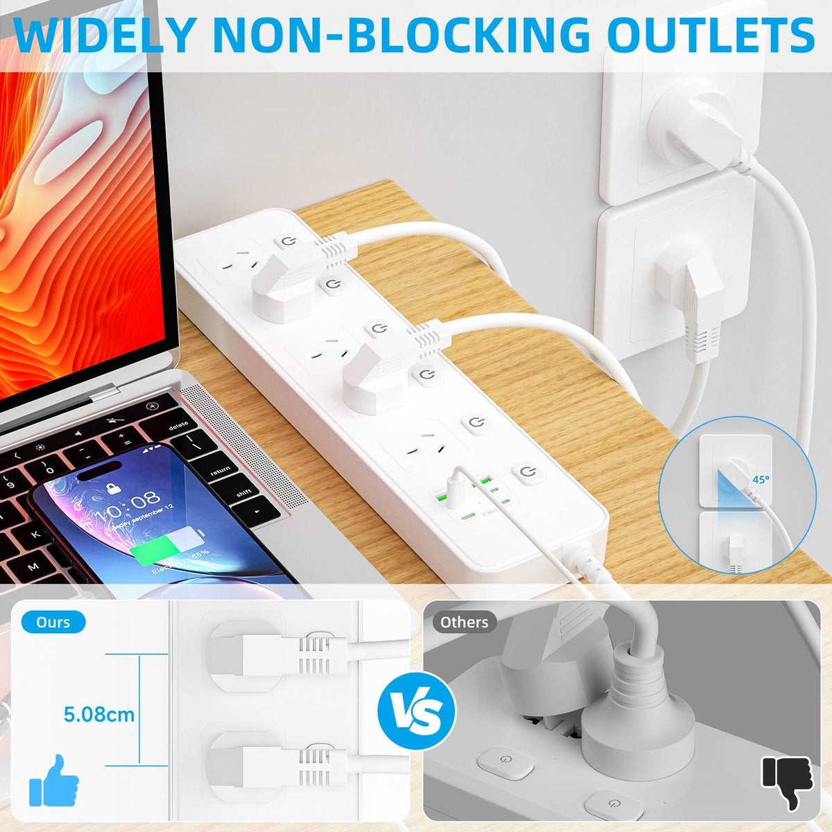 WFeyahiner 11-in-1 Power Strip with 5 AC Outlets Surge Protection White NEW