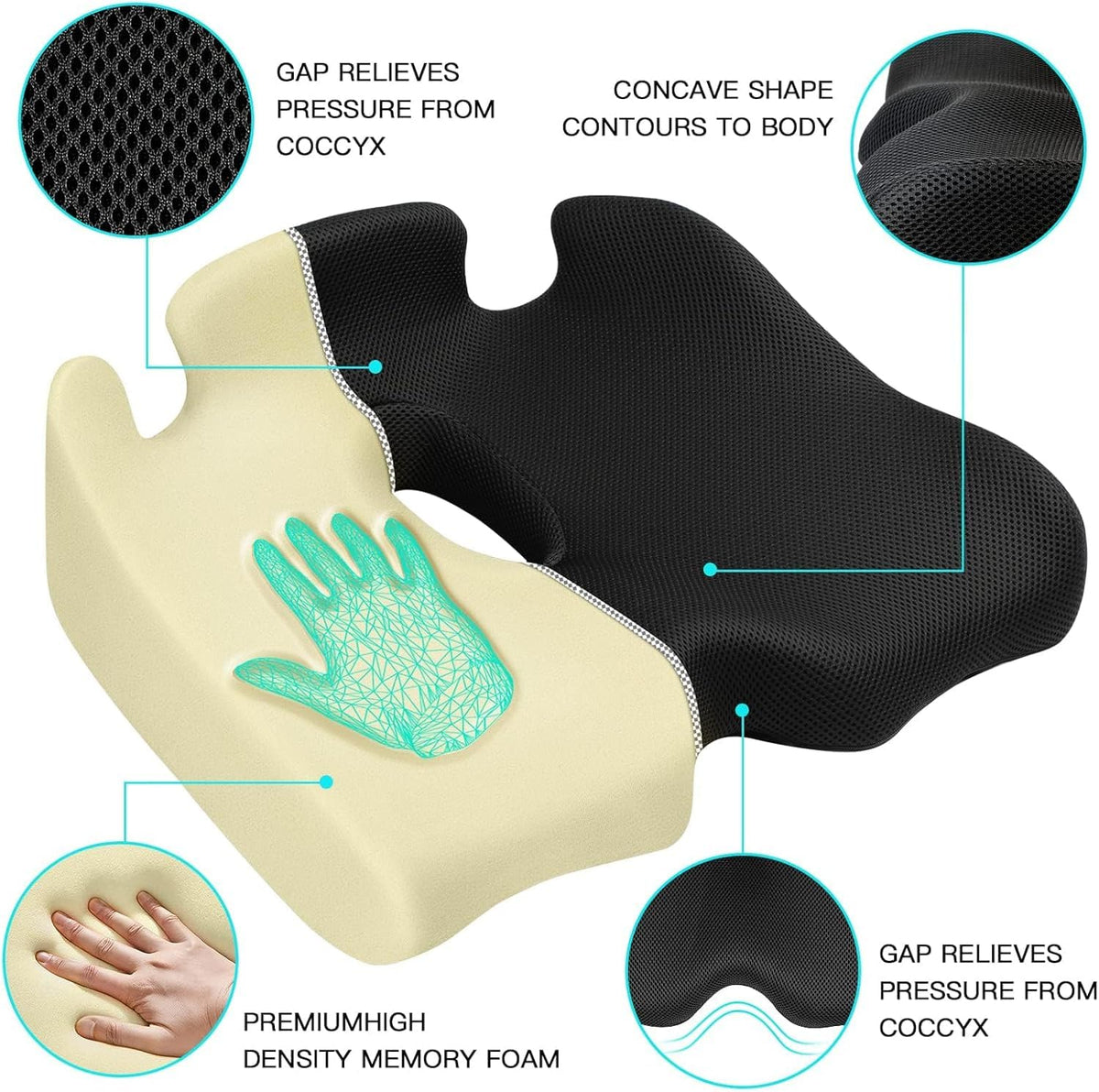 Benazcap Memory Foam Seat Cushion Black 17x19x6 Pressure Relief DEMO
