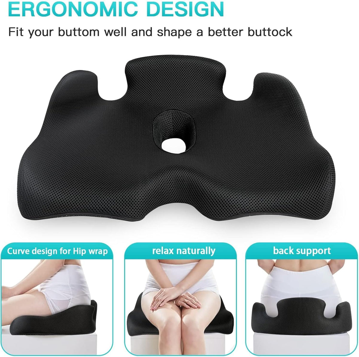 Benazcap Memory Foam Seat Cushion Black 17x19x6 Pressure Relief DEMO