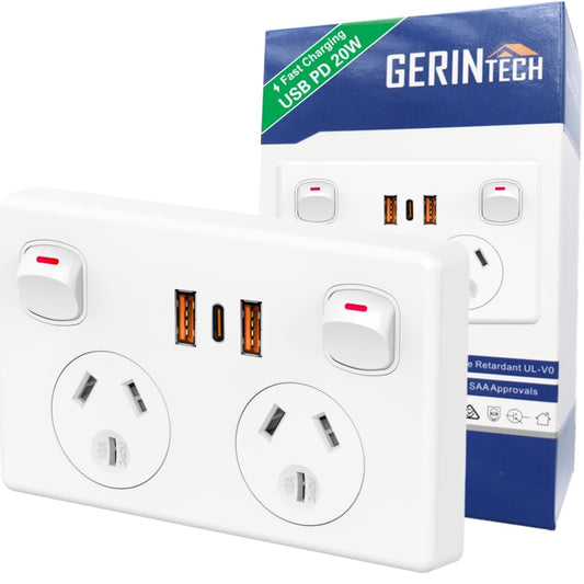 Gerintech Power Strip USB-C PD 20W Double Outlet 240V White NEW