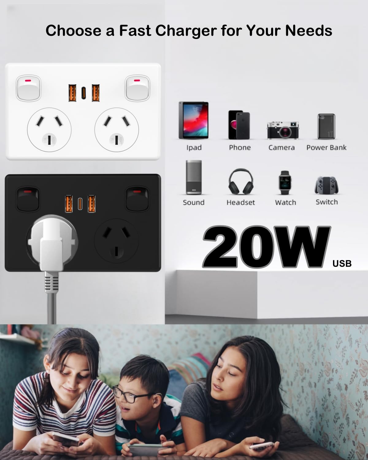 Gerintech Power Strip USB-C PD 20W Double Outlet 240V White NEW
