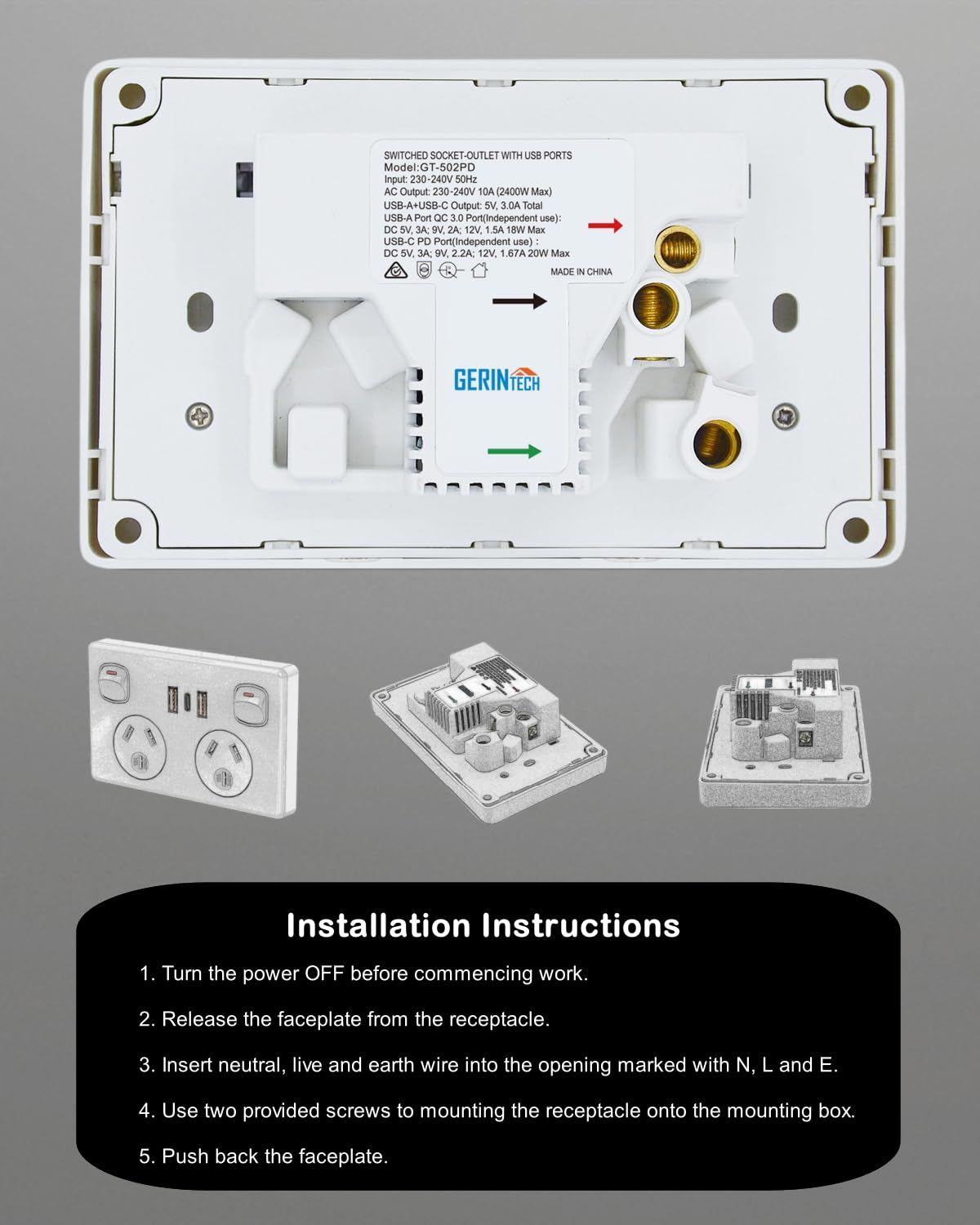 Gerintech Power Strip USB-C PD 20W Double Outlet 240V White NEW