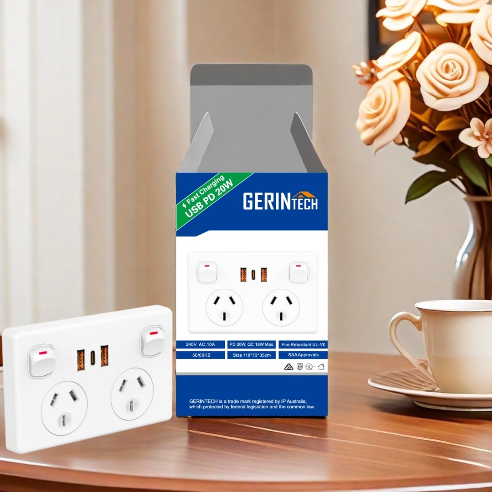Gerintech Power Strip USB-C PD 20W Double Outlet 240V White NEW