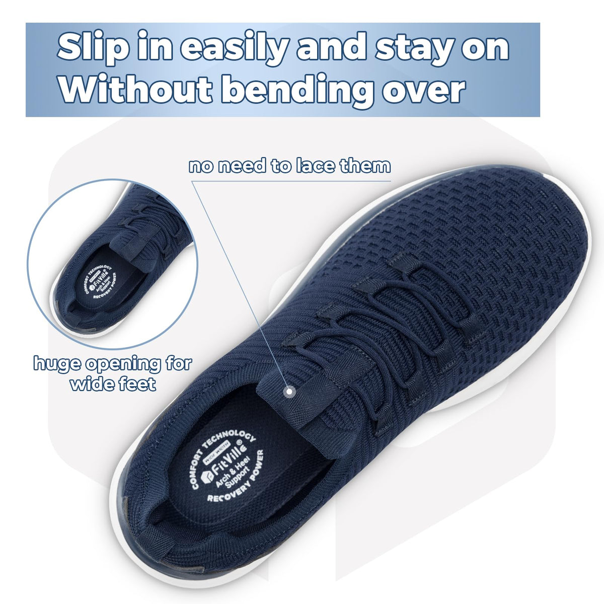 FitVille Slip On Breathable Lightweight Trainers Navy Mens WIDE FIT US 8.5 DEMO