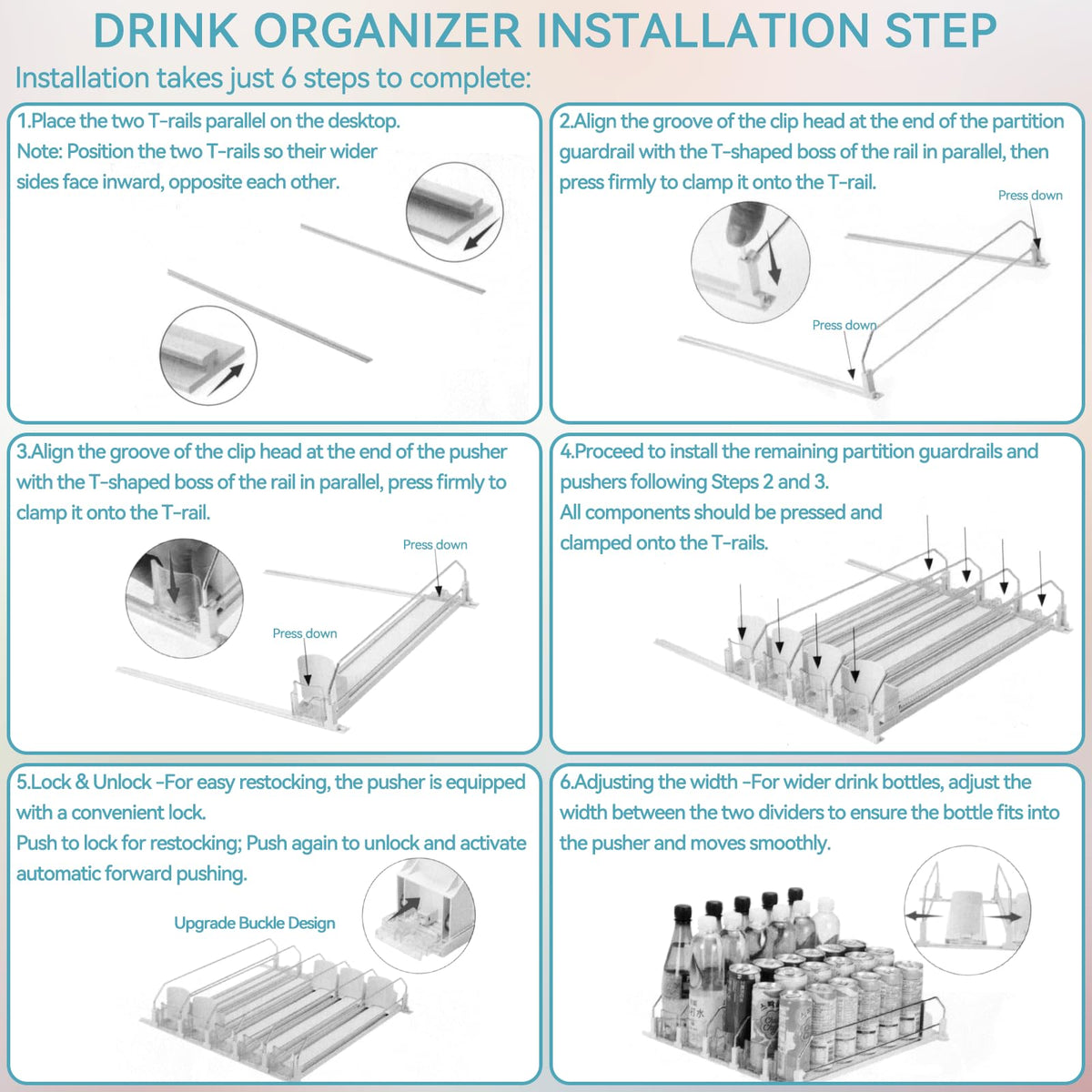 Adjustable Fridge Drink Organizer Water Bottle Pusher White DEMO
