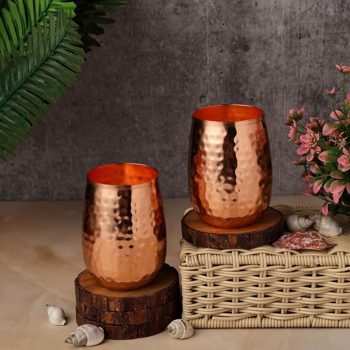 HealthGoodsIn Copper Tumblers Handmade Hammered Set of 2 - 250mL NEW