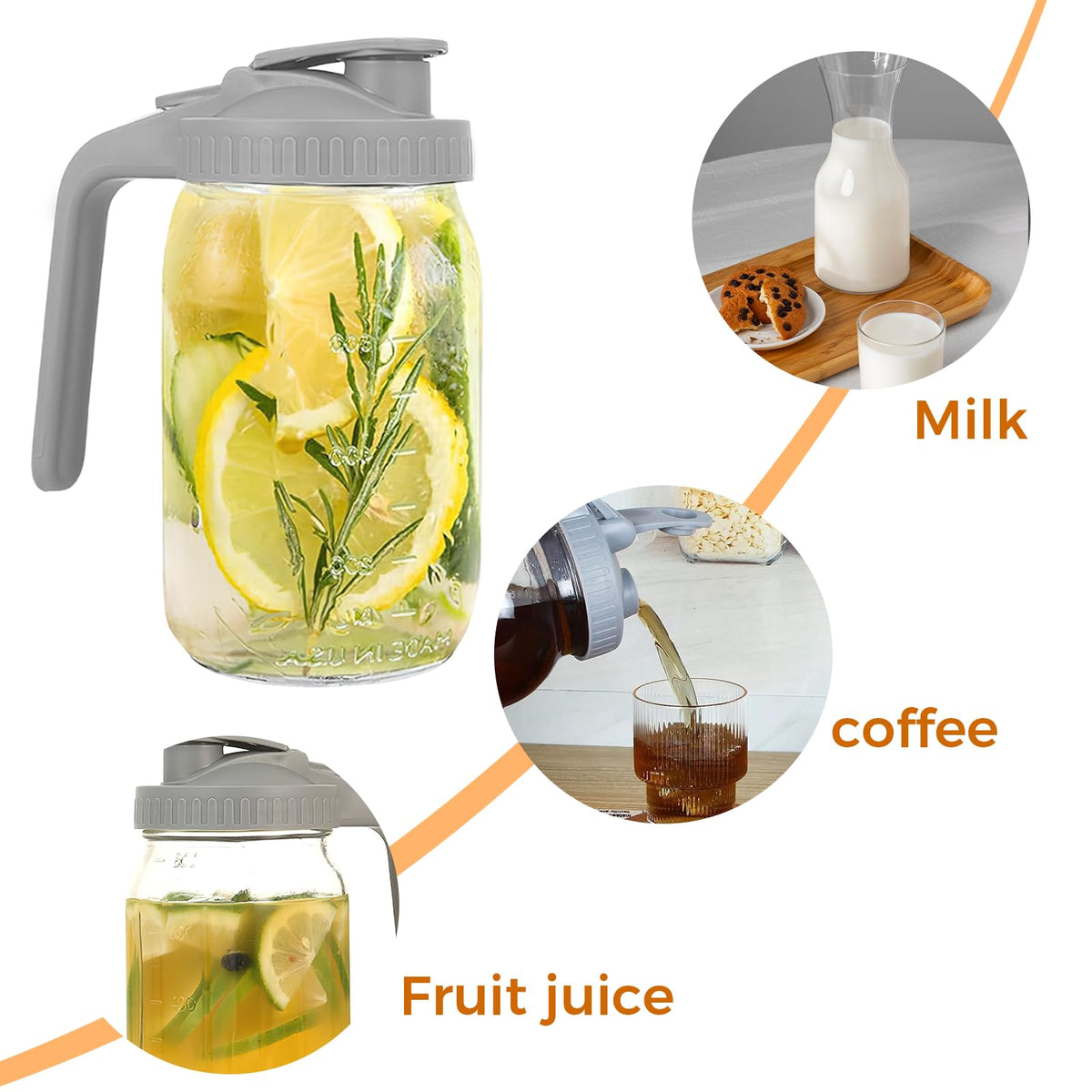 XURUIAU Glass Jugs Mason Jar Water Bottle Leak Proof Grey Transparent NEW