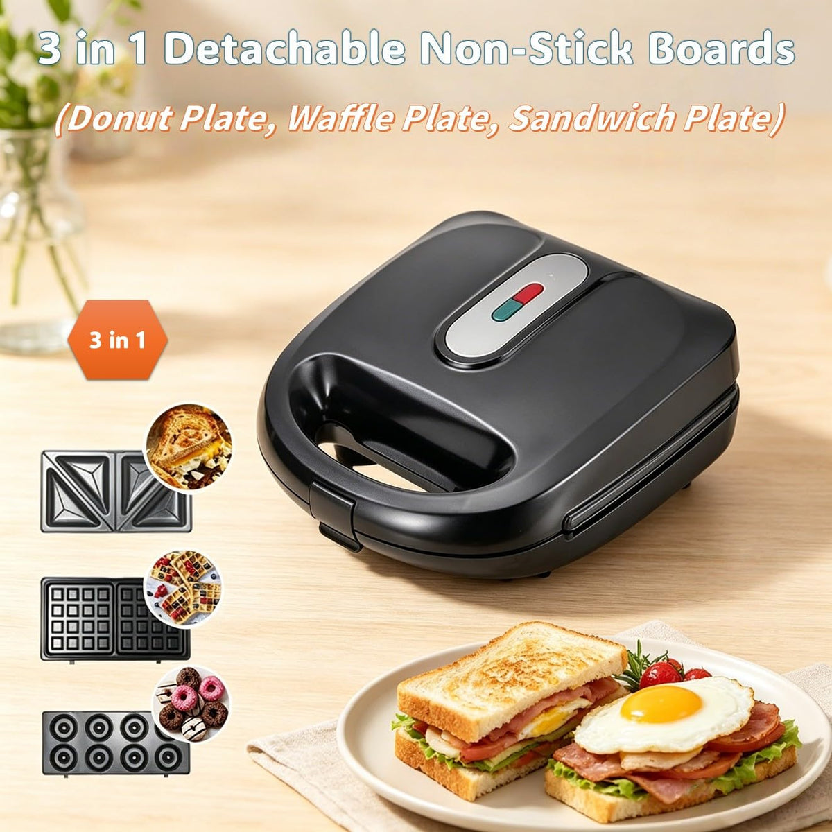 Yechentian 3 in 1 Electric Donut Maker Waffle Sandwich Panini Press Black DEMO