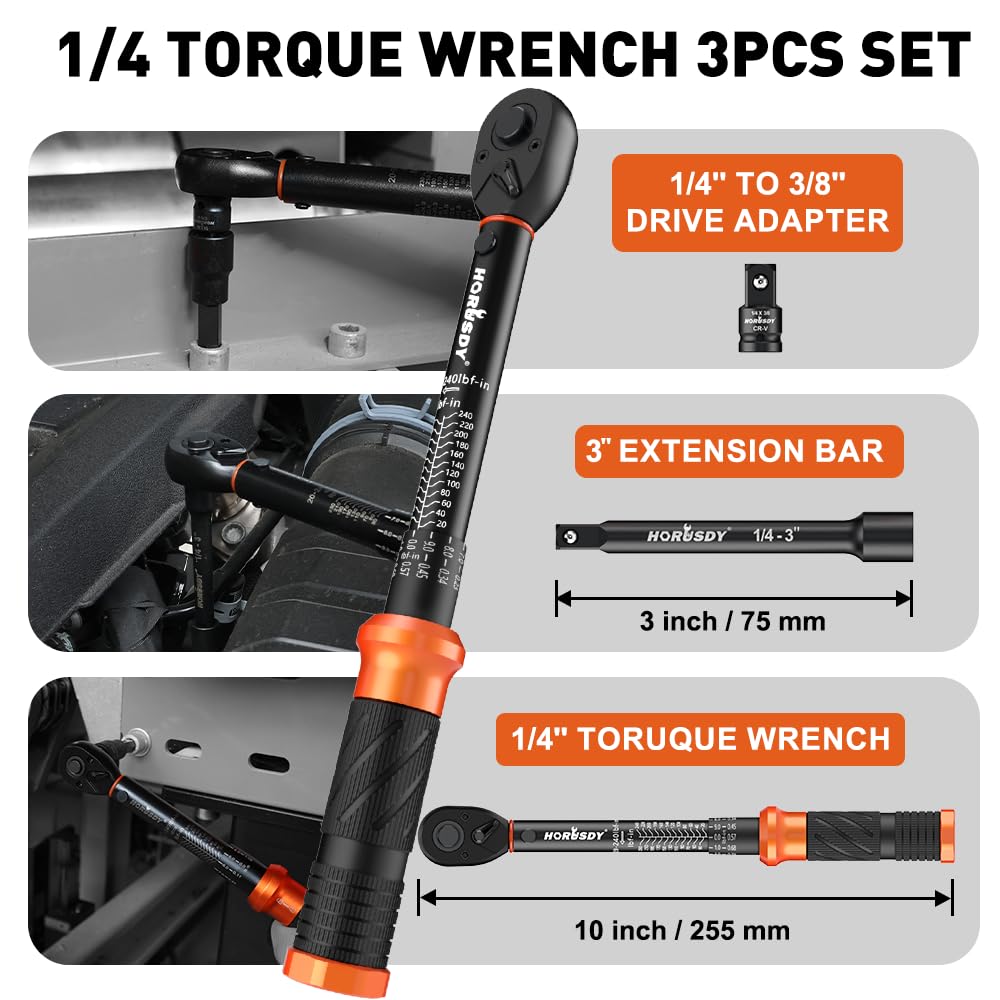 HORUSDY 1/4-Inch Hand Tools Torque Wrench Set 20-240 in-lb Dual Scale Tool NEW