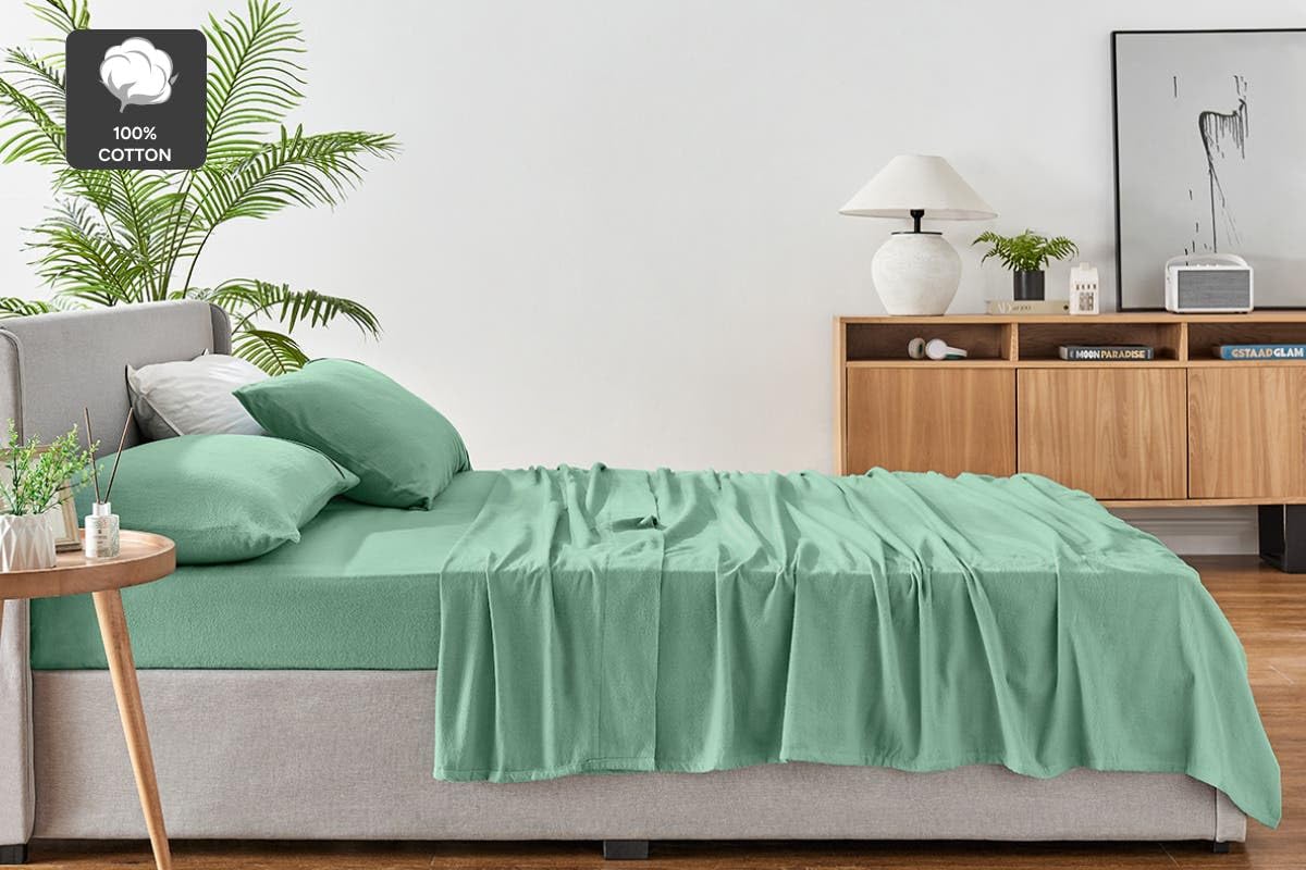 Ovela Green Cotton Flannelette Fitted Bed Sheet Set King Single Size NEW